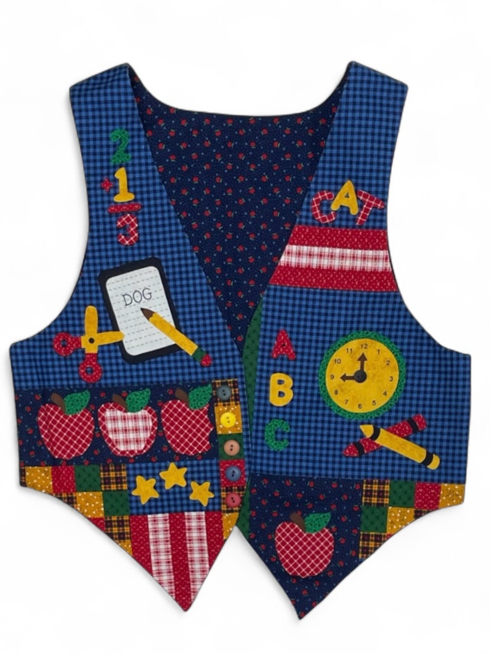 Vintage 90s Handmade Schoolhouse Patchwork Vest ABC 123 Apples Kids 10-12